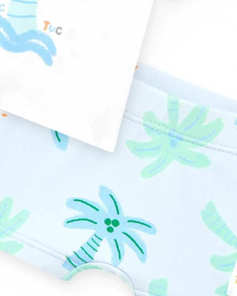 Ensemble de bain pour garçon avec t-shirt blanc de palmier et pantalon bleu à imprimé tropical