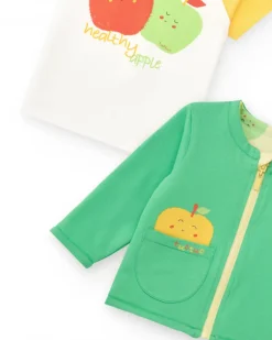 Ensemble en polaire pour garçon avec t-shirt de pommes, pantalon vert et veste à fermeture éclair