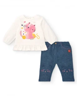 Ensemble fille crème et bleu imprimé chatons, collection Lovely Kittens