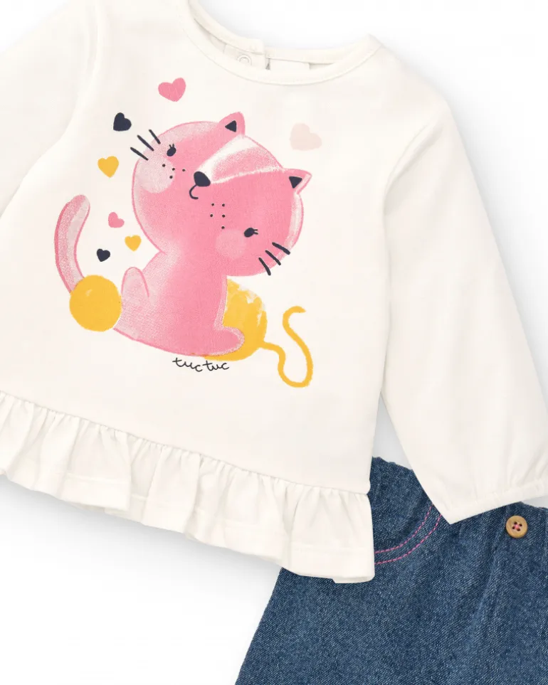 Ensemble fille crème et bleu imprimé chatons, collection Lovely Kittens