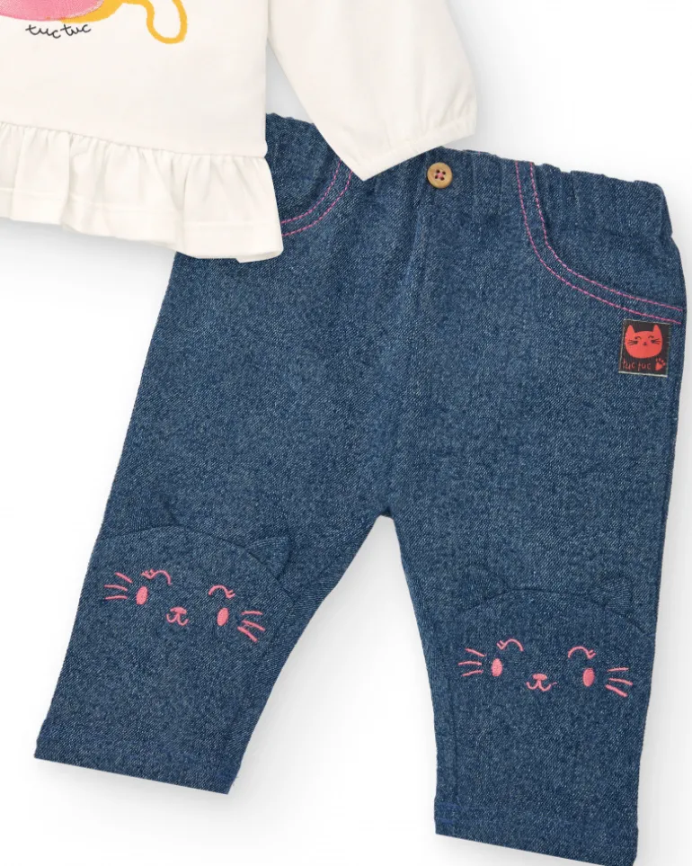 Ensemble fille crème et bleu imprimé chatons, collection Lovely Kittens