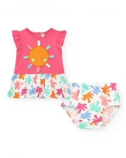 Ensemble fuchsia pour fille avec robe d'été et culotte imprimée tropicale