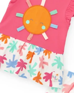 Ensemble fuchsia pour fille avec robe d'été et culotte imprimée tropicale