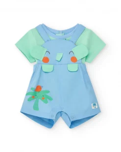 Ensemble plat pour garçon avec salopette d'éléphant et palmier et t-shirt vert