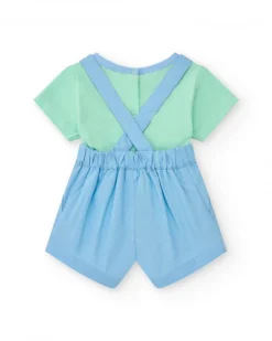 Ensemble plat pour garçon avec salopette d'éléphant et palmier et t-shirt vert