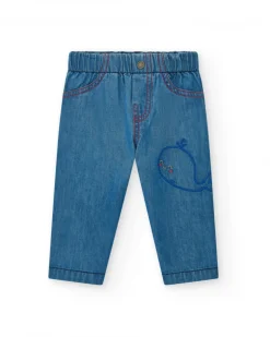 Ensemble plat pour garçon avec chemise bleue à manches courtes et pantalon en jean avec broderie de baleine