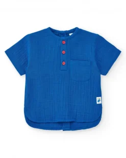 Ensemble plat pour garçon avec chemise bleue à manches courtes et pantalon en jean avec broderie de baleine