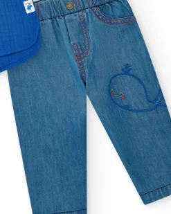 Ensemble plat pour garçon avec chemise bleue à manches courtes et pantalon en jean avec broderie de baleine