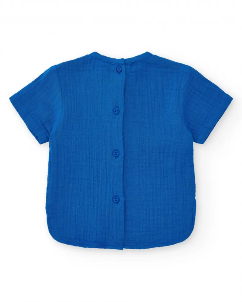 Ensemble plat pour garçon avec chemise bleue à manches courtes et pantalon en jean avec broderie de baleine