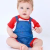Ensemble pour fille avec salopette en jean brodée de baleine et t-shirt rouge