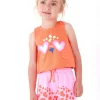 Ensemble pour fille avec t-shirt orange d’animal et short rose tacheté