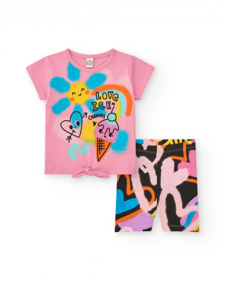Ensemble pour fille avec t-shirt rose de glace et leggings courts multicolores