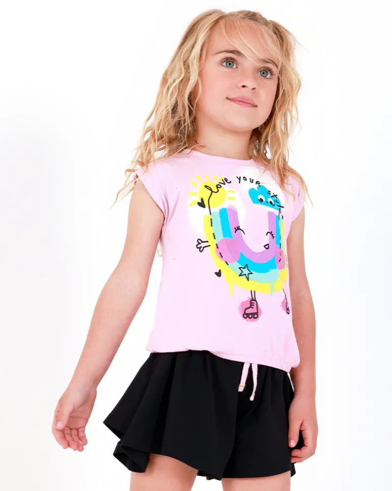 Ensemble pour fille avec blouse rose et short noir plissé