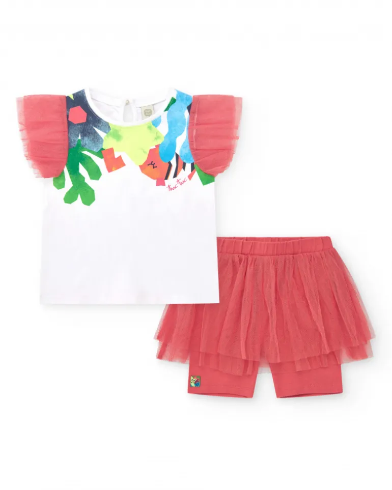 Ensemble pour fille avec t-shirt blanc à manches en tulle et legging rose avec jupe en tulle