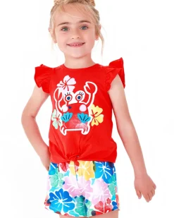 Ensemble pour fille avec t-shirt rouge de crabe et short fleuri