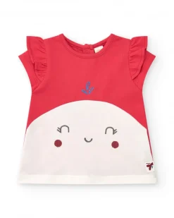 Ensemble pour fille avec t-shirt rouge de baleine et pantalon en denim avec broderie