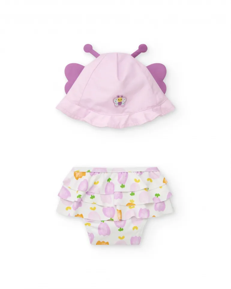 Ensemble pour fille avec bonnet rose en forme de papillon et culotte blanche