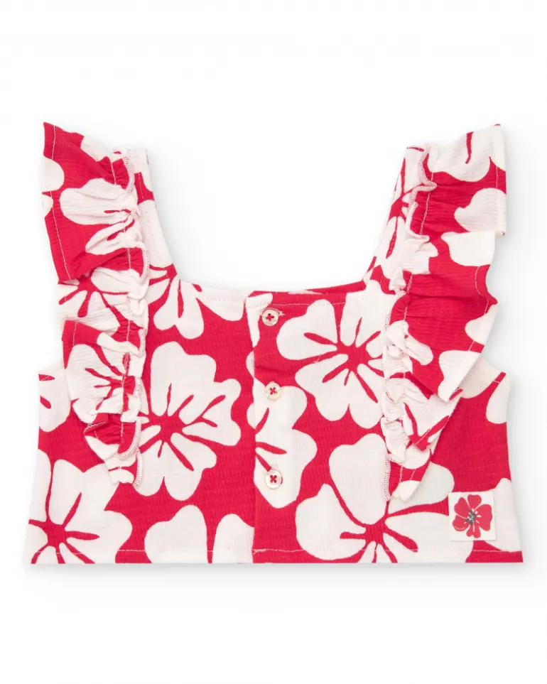 Ensemble pour fille avec t-shirt à volants et short fleuri rouge et blanc
