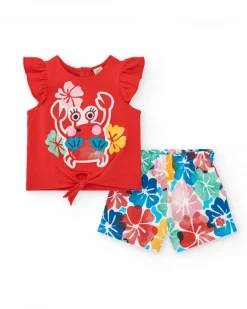Ensemble pour fille avec t-shirt rouge de crabe et short fleuri