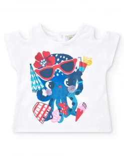 Ensemble pour fille avec t-shirt de pieuvre et short bleu avec nœud rouge