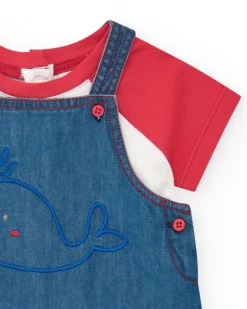 Ensemble pour fille avec salopette en jean brodée de baleine et t-shirt rouge