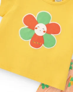 Ensemble pour fille avec t-shirt jaune et pantalon court rose à fleurs
