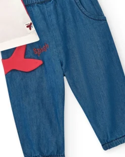 Ensemble pour fille avec t-shirt rouge de baleine et pantalon en denim avec broderie