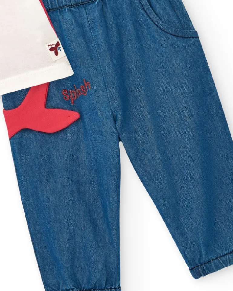 Ensemble pour fille avec t-shirt rouge de baleine et pantalon en denim avec broderie