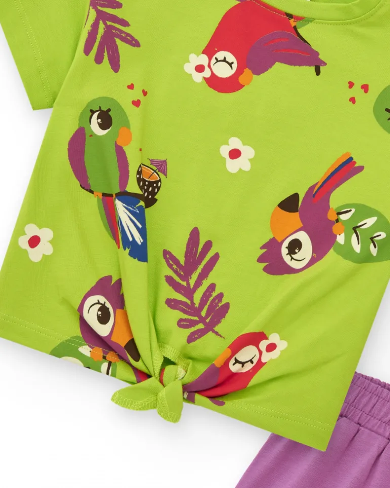 Ensemble pour fille avec t-shirt vert perroquets et short lilas