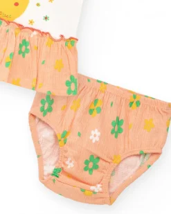 Ensemble pour fille avec blouse saumon et culotte jaune avec broderies