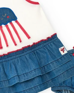 Ensemble pour fille avec t-shirt blanc de méduse et jupe en denim à volants