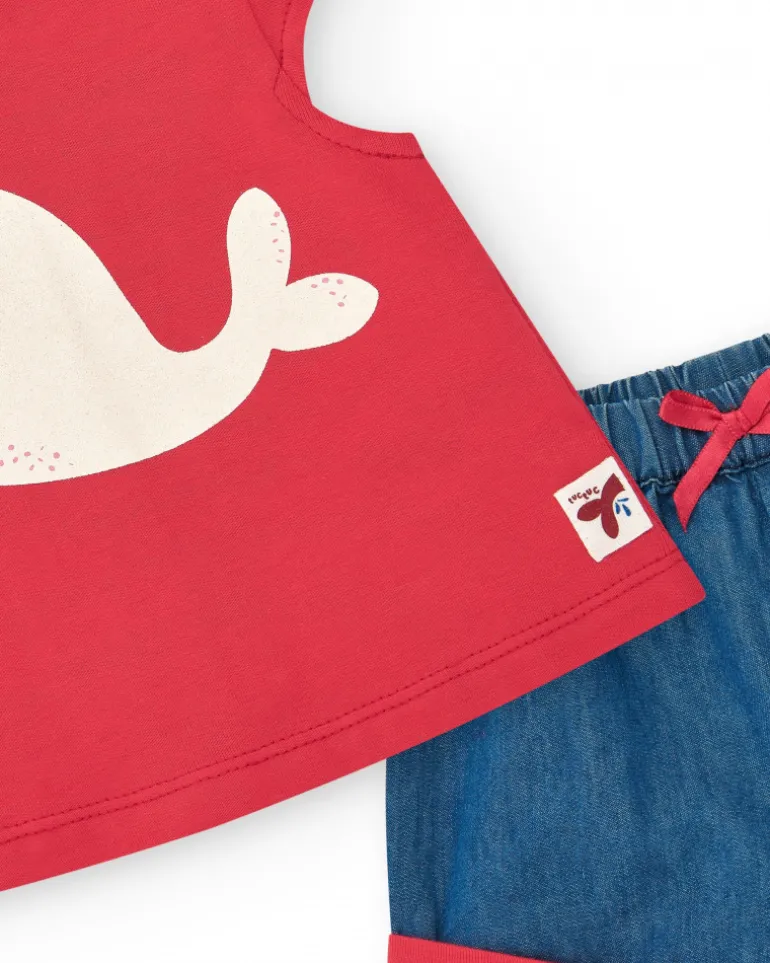 Ensemble pour fille avec t-shirt rouge de baleine et pantalon en jean bleu