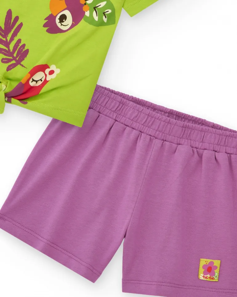 Ensemble pour fille avec t-shirt vert perroquets et short lilas