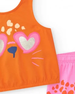 Ensemble pour fille avec t-shirt orange d’animal et short rose tacheté