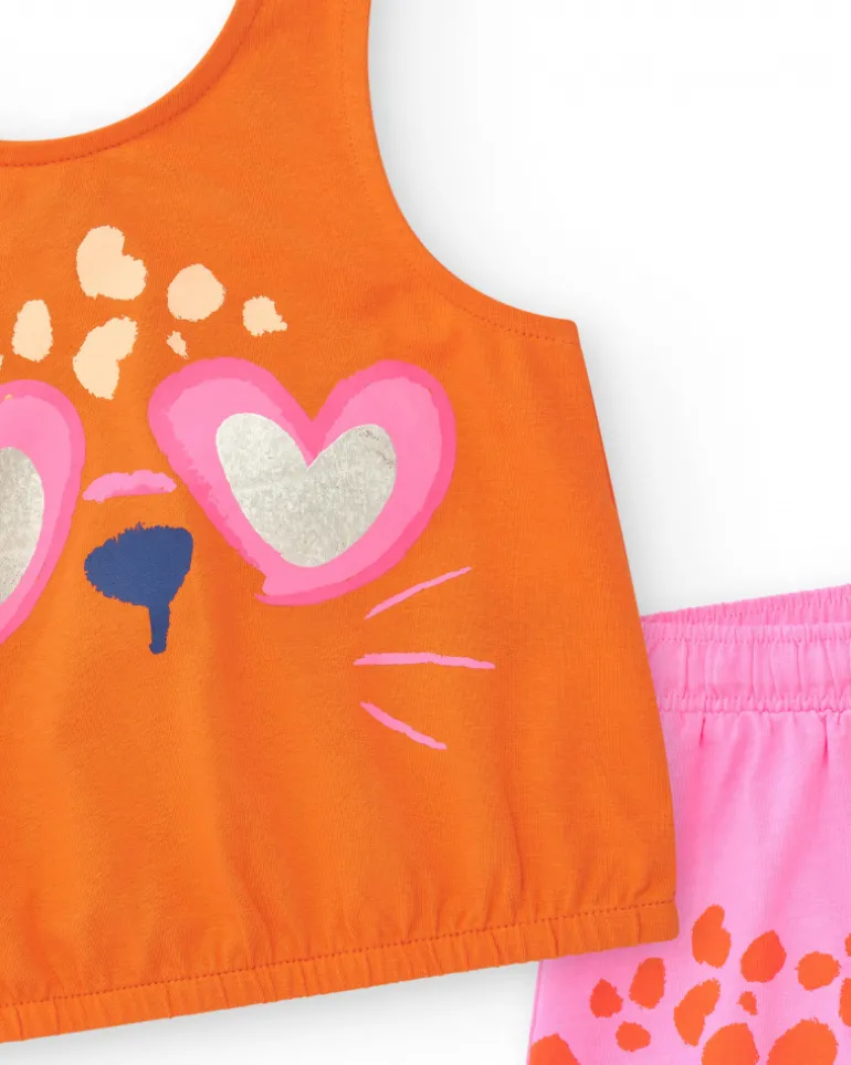 Ensemble pour fille avec t-shirt orange d’animal et short rose tacheté