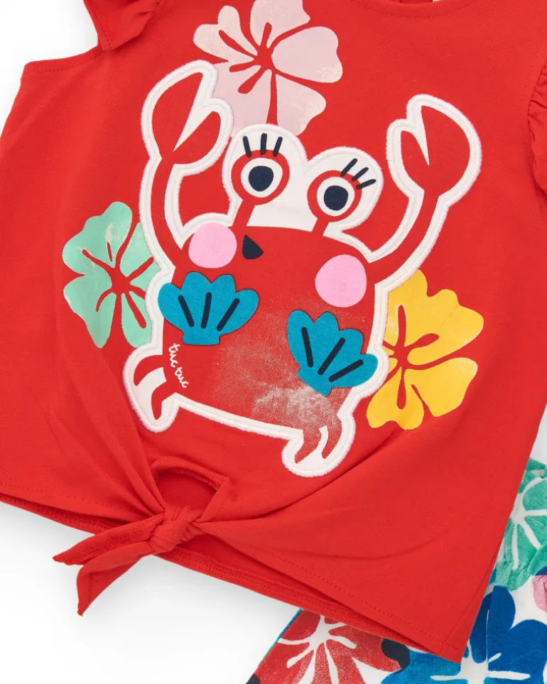 Ensemble pour fille avec t-shirt rouge de crabe et short fleuri