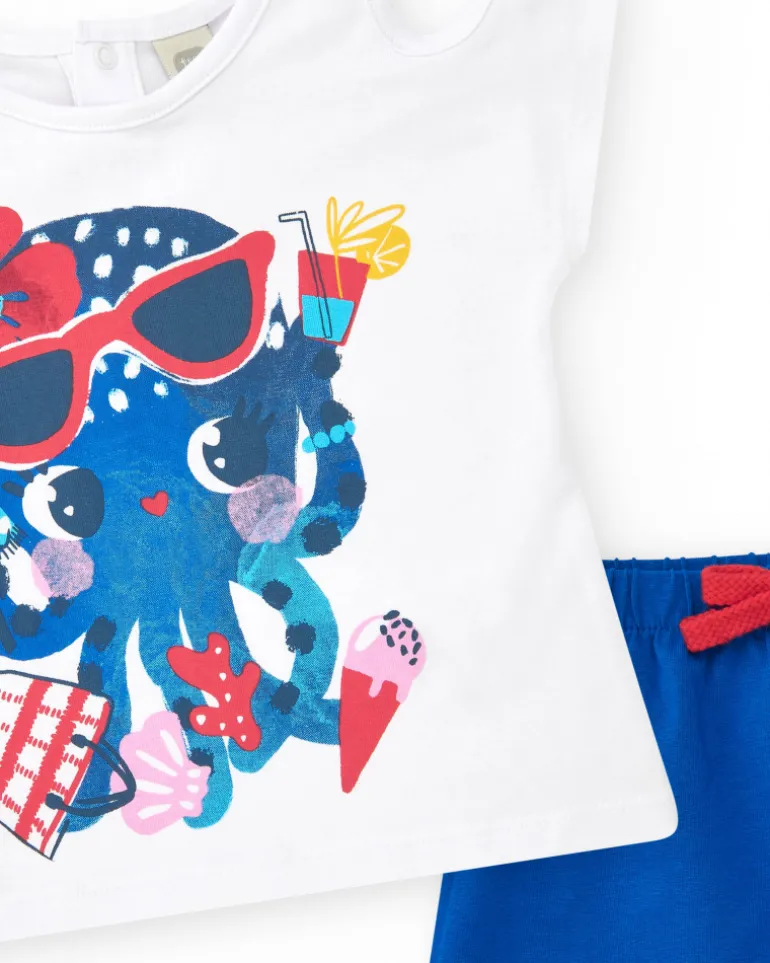 Ensemble pour fille avec t-shirt de pieuvre et short bleu avec nœud rouge