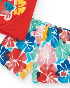 Ensemble pour fille avec t-shirt rouge de crabe et short fleuri