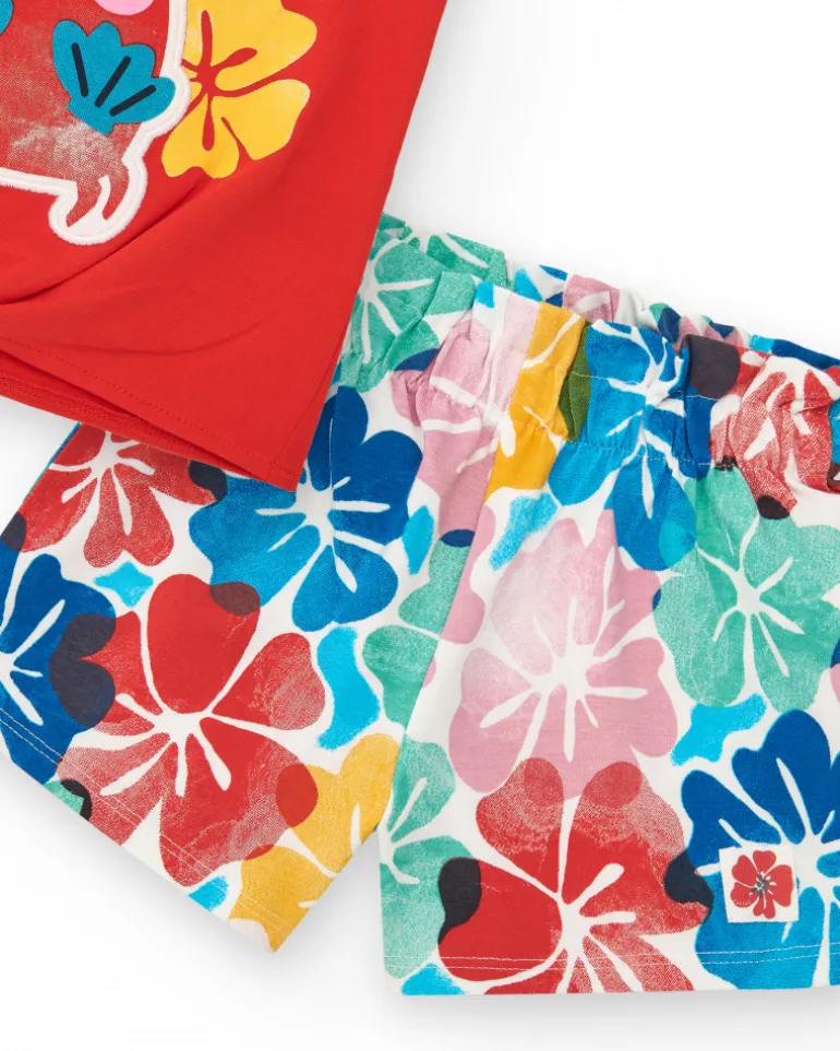 Ensemble pour fille avec t-shirt rouge de crabe et short fleuri