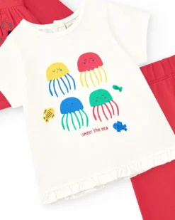 Ensemble pour fille avec t-shirt de méduses, leggings rouges et veste brodée
