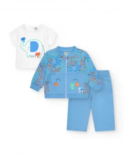 Ensemble pour garçon avec t-shirt blanc d'éléphant, veste bleue avec capuche et pantalon long bleu