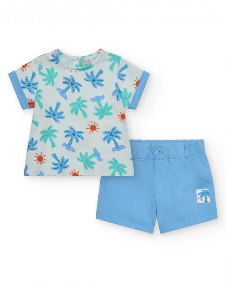 Ensemble pour garçon avec t-shirt blanc de palmiers et soleils et pantalon court bleu