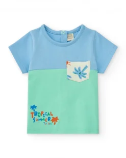 Ensemble pour garçon avec t-shirt bleu et vert et shorts blancs imprimés de palmiers et soleils