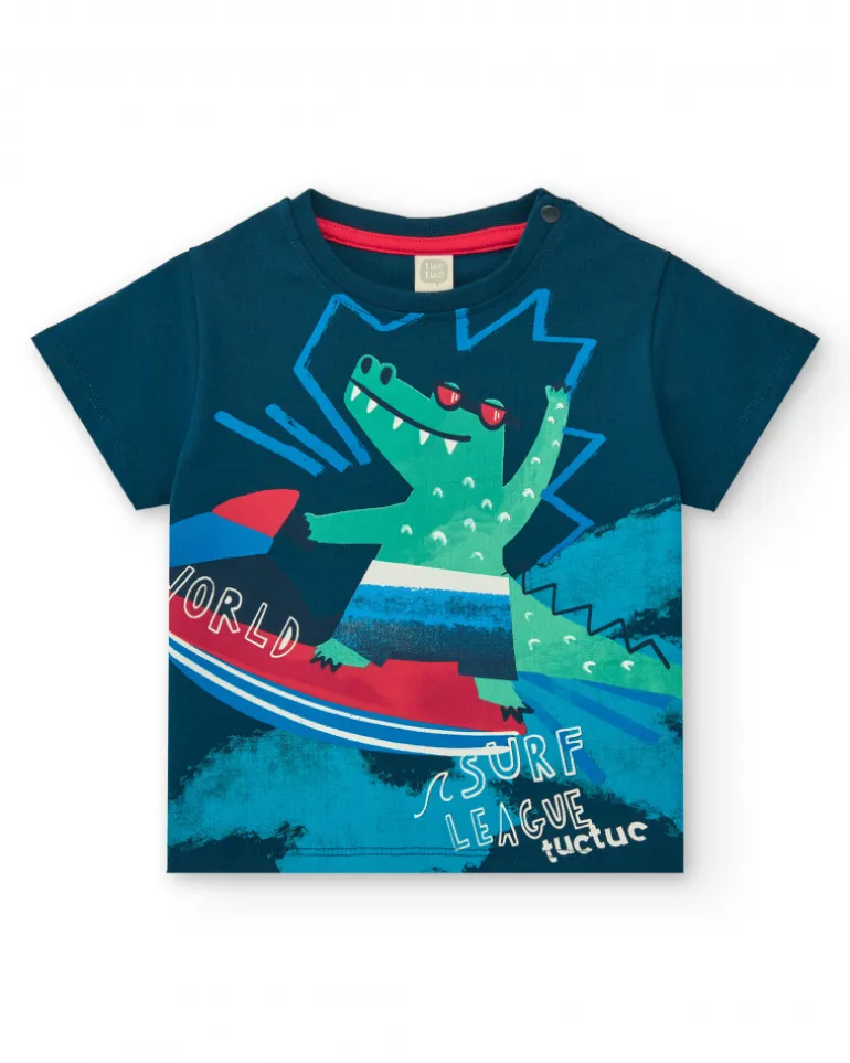 Ensemble pour garçon avec t-shirt bleu et bermuda rouge avec planches de surf