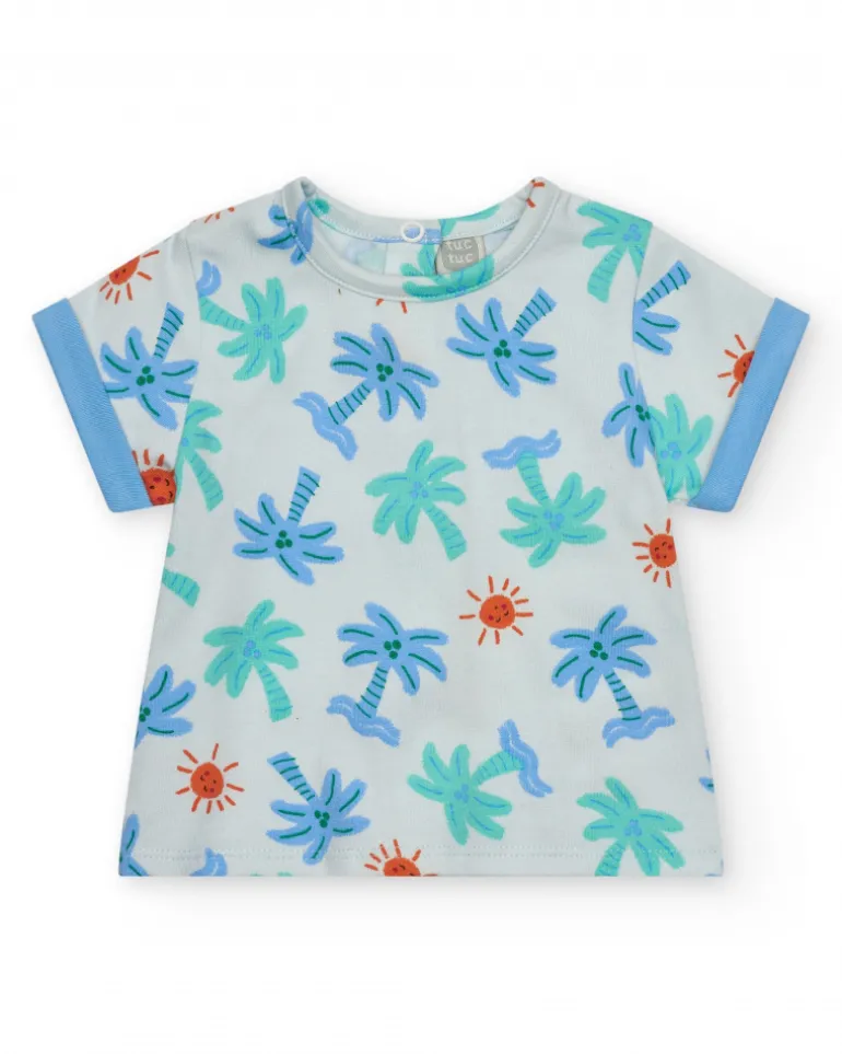Ensemble pour garçon avec t-shirt blanc de palmiers et soleils et pantalon court bleu