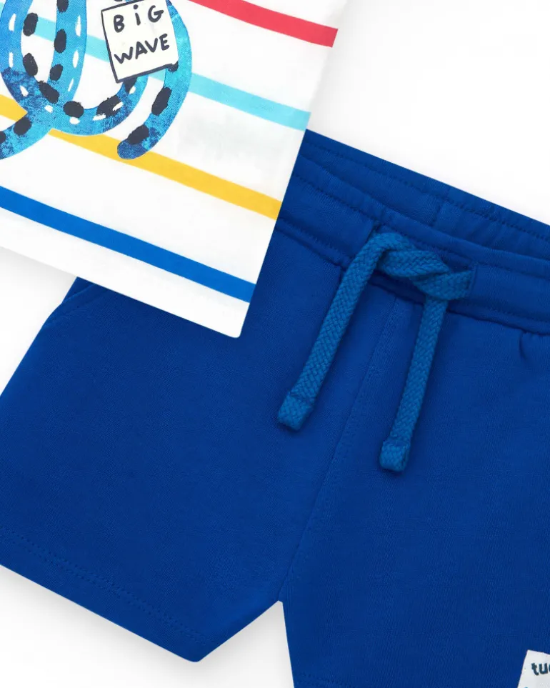 Ensemble pour garçon avec t-shirt rayé et bermuda bleue ajustable