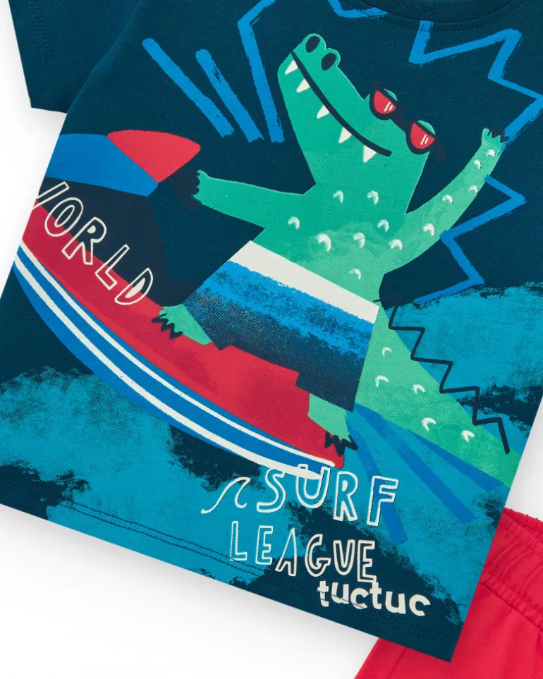 Ensemble pour garçon avec t-shirt bleu et bermuda rouge avec planches de surf
