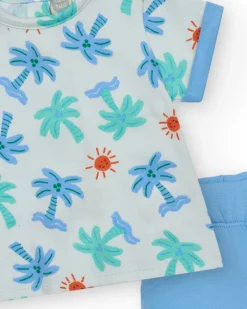 Ensemble pour garçon avec t-shirt blanc de palmiers et soleils et pantalon court bleu