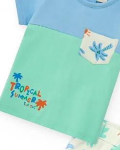 Ensemble pour garçon avec t-shirt bleu et vert et shorts blancs imprimés de palmiers et soleils