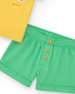 Ensemble pour garçon en vert et jaune avec t-shirt brodé de pomme et pantalon court